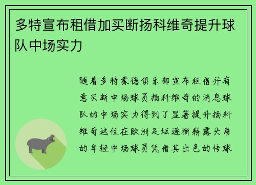 多特宣布租借加买断扬科维奇提升球队中场实力